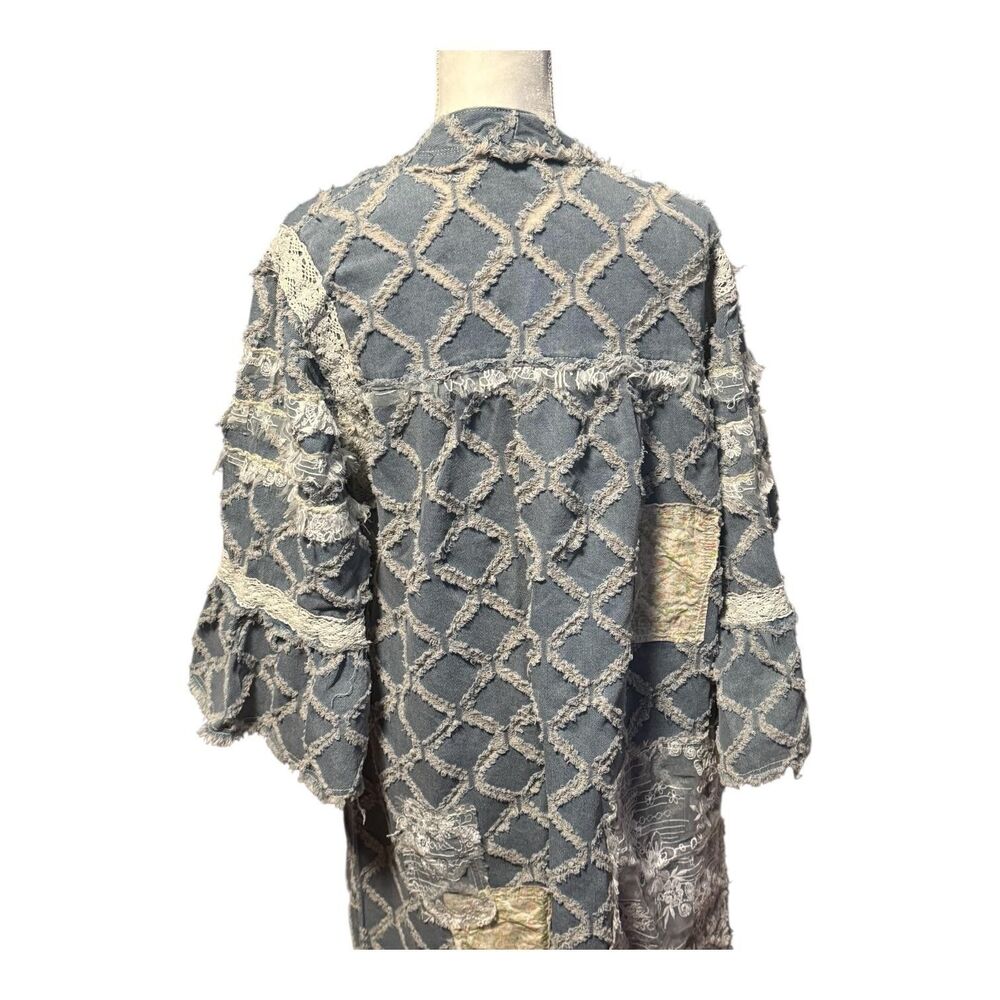 POL Premium Womens Small Blue Denim Long Duster Lace Patchwork Boho Oversized‎ - Picture 10 of 16